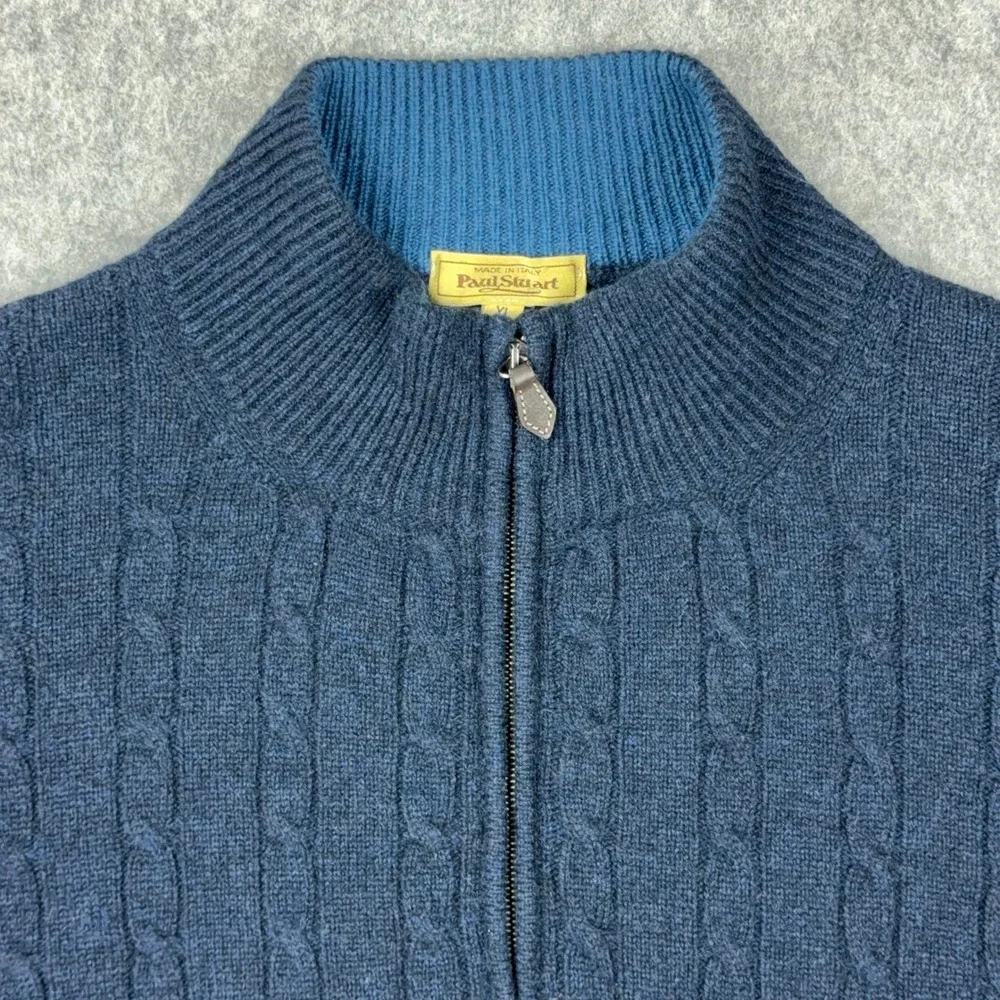Paul Stuart 100% Cashmere Sweater Mens XL 1/4 Zip Cable Knit Blue Made in Italy